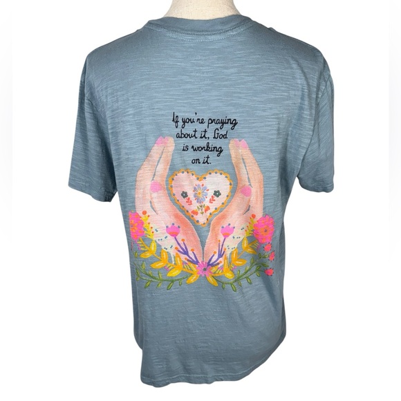 NATURAL LIFE Women’s Blue Religious Prayer Cropped Short Sleeve Tee - Picture 1 of 5